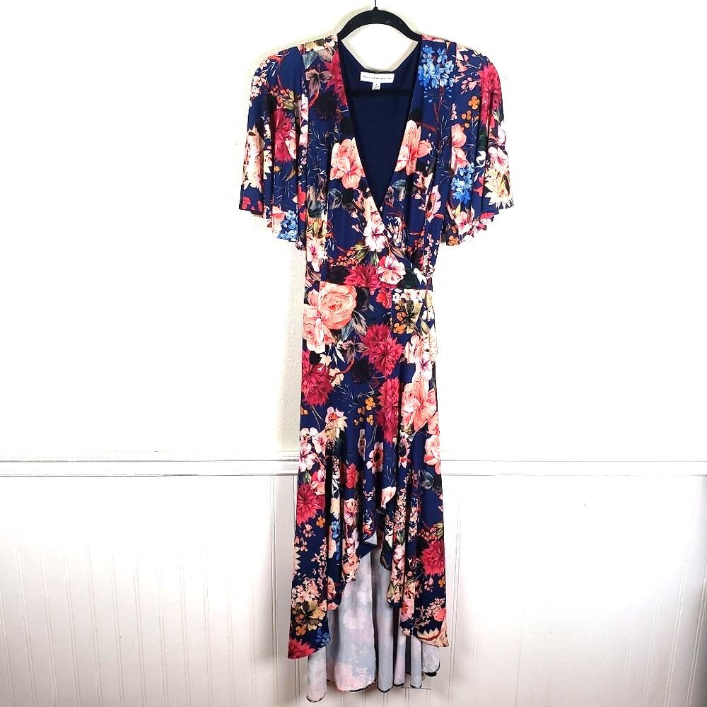 Women's Dress The Population Blue Pink Floral Hi Low Ruffled True Wrap Dress SM